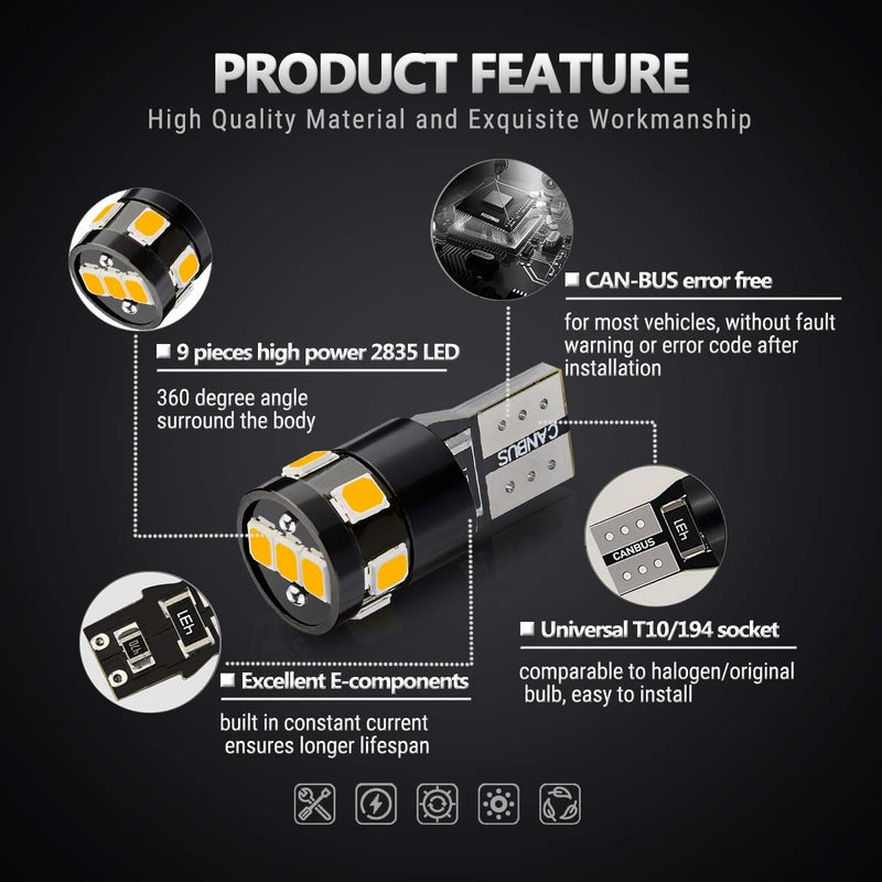 Antline 194 168 2825 W5W T10 194NA LED Bulbs Amber Yellow, Ultra Bright Error Free 9-SMD 2835 Chipsets Replacement for Car Interior Dome Map Door Courtesy License Plate Lights (Pack of 10) - Image 3